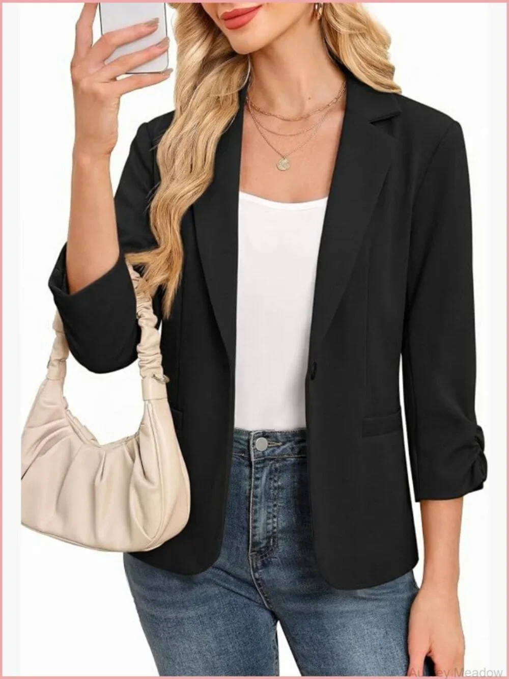 Women's Ruched 3/4 Sleeve Blazer Business Casual Slim Fit Suit Jacket Fully